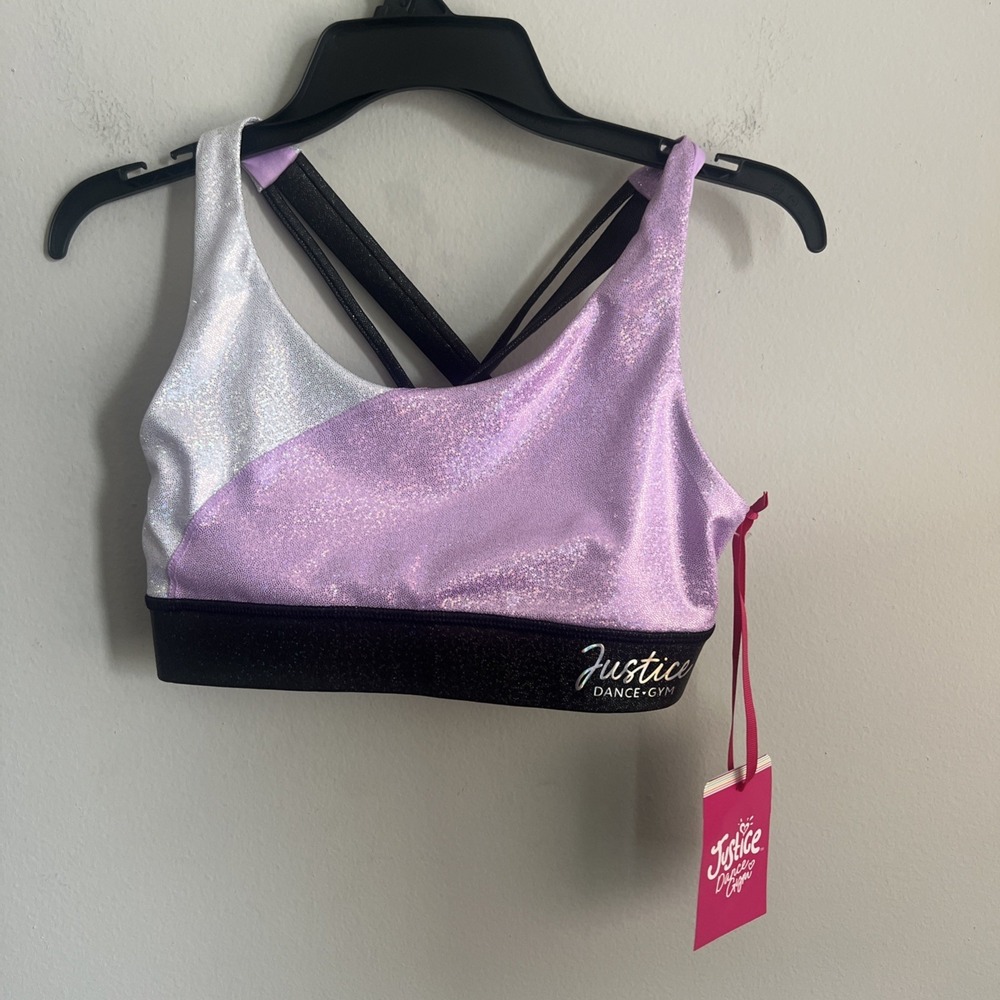Sports bra S 7-8 Justice Dance Gym Purple Silver Black Crossback Girls